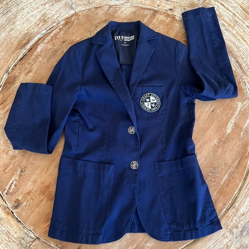 NAVY BLUE Prep School WEST COAST UNIVERSITY Blazer Jacket, Size XS - Picture 2 of 9